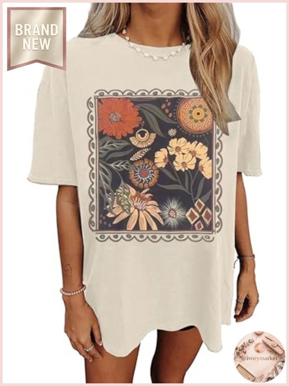 Oversized Floral Graphic Tee Womens Cotton Blend Short Sleeve Summer